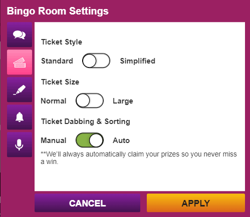 bingo room settings box