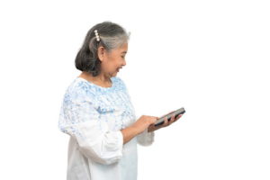 happy older lady with phone side image