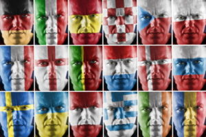faces with different flags painted on them