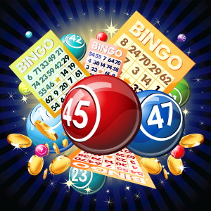 bingo balls and cards and coins