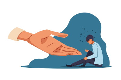 cartoon of giant hand held out to man on floor