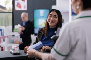 cashier smiling with a chip and pin machine